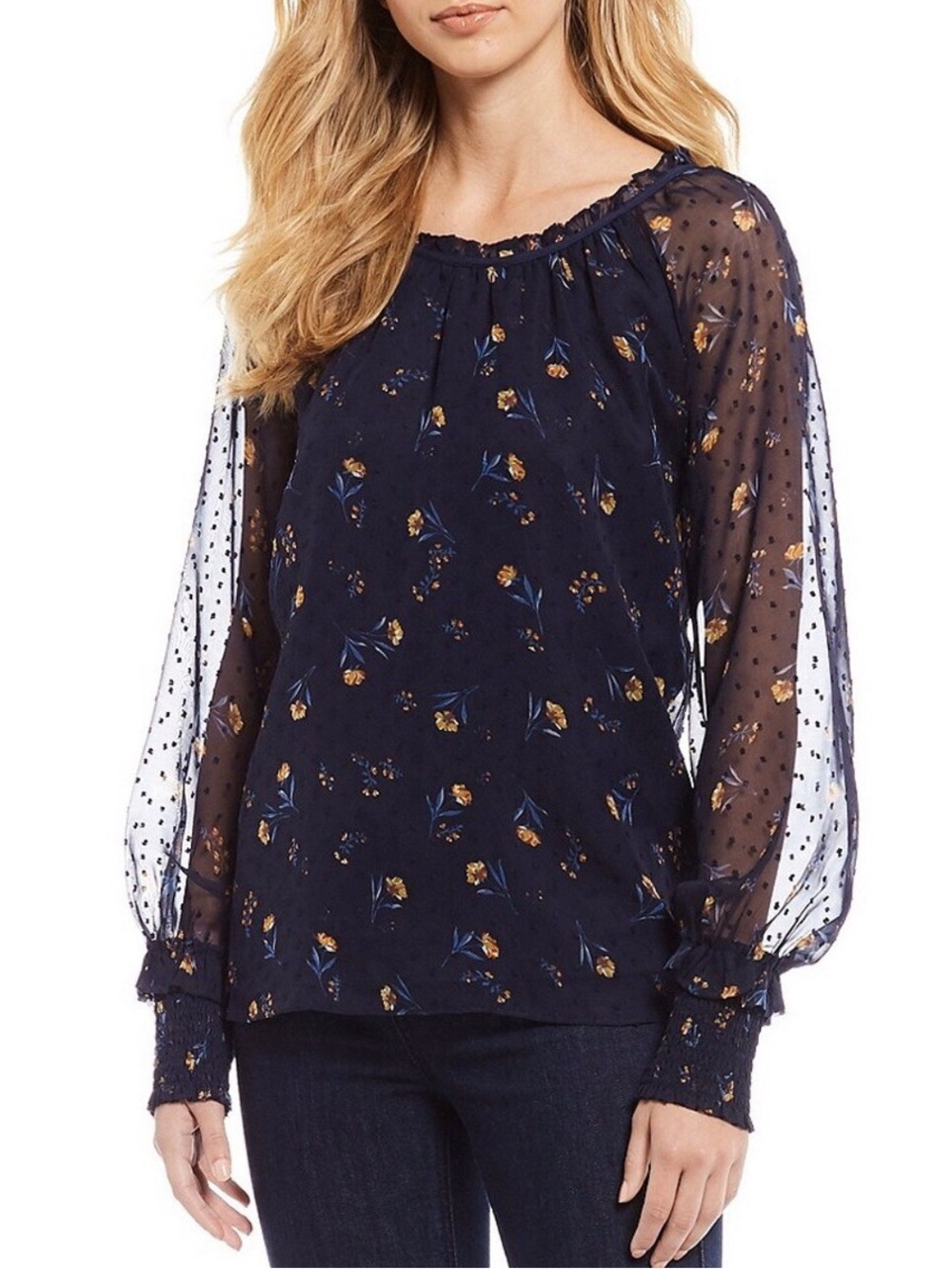 Draper James Navy Floral Mesh Sleeve Blouse Top